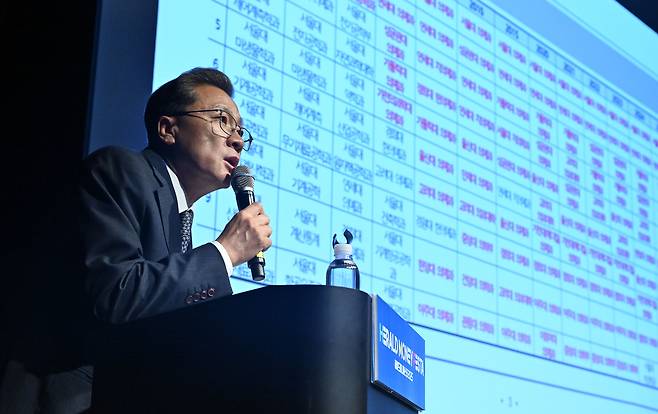 임성호 종로학원 대표가‘산업계 변화와 인기학과의 이동, 향후 추세적 변화’를 주제로 강연을 하고 있다.  임세준 기자