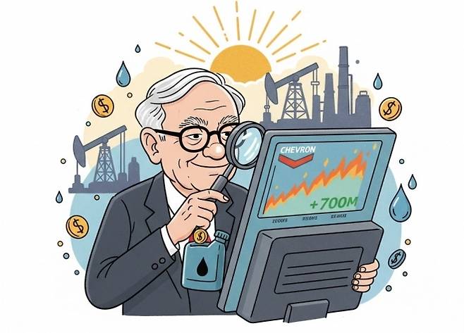 최근 정유회사 셰브론 주식을 7000억원 이상 추가 매수한 워런 버핏(95) 버크셔 해서웨이 회장을 생성형 인공지능(AI)으로 표현한 이미지.