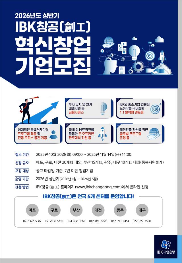 IBK기업은행 2026년 상반기 IBK창공 혁신창업기업 모집 포스터. 기업은행 제공