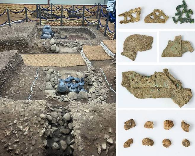 The excavation site of the Hwangnam-dong No. 1 wooden chamber tomb in Gyeongju, North Gyeongsang Province, was unveiled on October 20. Believed to date from the late 4th to early 5th century, the tomb yielded fragments of what is thought to be the oldest gilt-bronze crown discovered in Gyeongju, along with armor for a human and a horse (left). Top right: fragments of the gilt-bronze crown and the tomb owner’s teeth. / Courtesy of the Korea Heritage Service