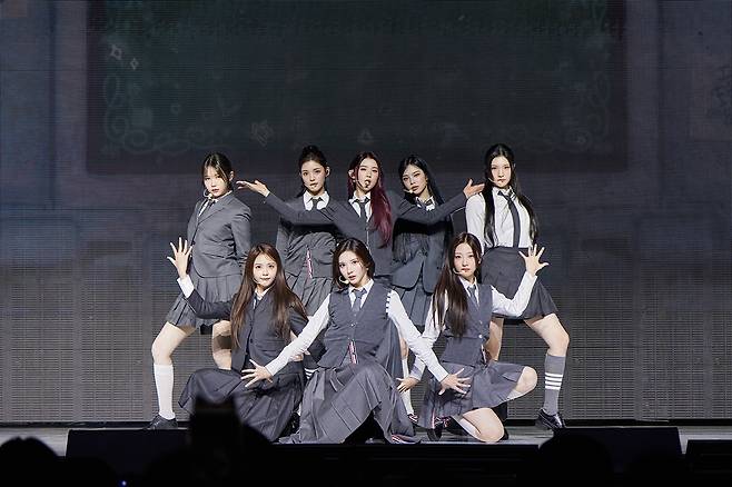Hearts2Hearts performs at a press showcase for its first EP, "Focus," in Seoul, on Monday. (SM Entertainment)