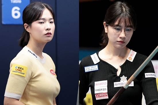 박정현(왼쪽)과 이미래가 21일 밤 경기도 고양시 킨텍스PBA스타디움에서 열린 ‘휴온스LPBA챔피언십 2025’ 64강전에서 폭발적인 공격을 앞세워 각각 임정숙과 최지선을 꺾고 32강에 진출했다. (사진=PBA)