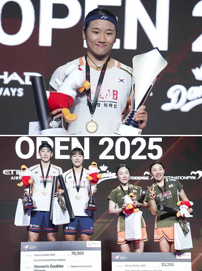 배드민턴 안세영이 19일 덴마크오픈 우승 후 금메달과 트로피를 받고 기념촬영을 하고 있다. 아래쪽 사진은 여자복식 결승 맞대결을 벌이며 1, 2위를 차지한 백하나-이소희조와 김혜정-공희용조.  AP·EPA연합