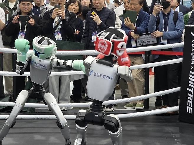 ▲ 22일 대구 엑스코에서 FIX 2025가 개막한 가운데 영인모빌리티에서 개발한 휴머노이드 로봇 2대가 관중 속에서 치열한 격투를 벌이고 있다. 전재용 기자