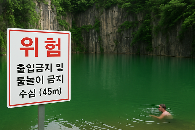 한국 속 캐나다라 불리며 유명세를 탄 대구 달성군 가창면 옛 폐채석장 호수에서 한 남성이 수영을 하다 적발됐다. 사진은 기사 이해를 돕기 위해 AI로 제작한 이미지. <영남일보 AI 제작>