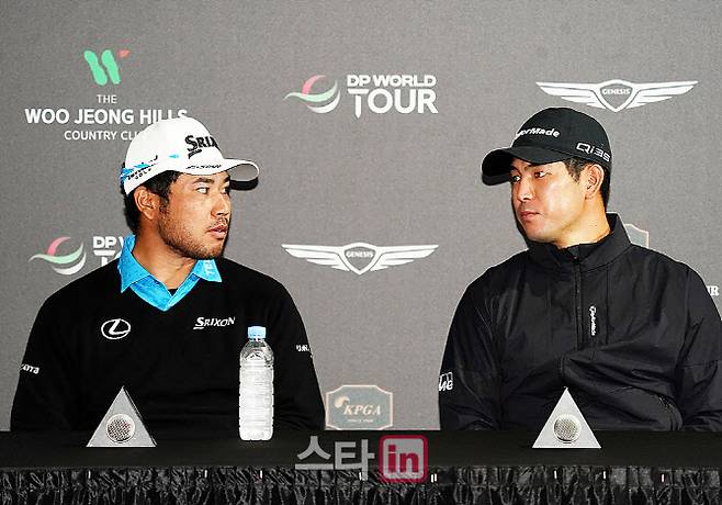 일본 남자 골프를 대표하는 마쓰야마 히데키(왼쪽)가 나카지마 케이타가 제네시스 챔피언십 공식 기자회견에 나란히 앉아 이야기하고 있다. (사진=이데일리 골프in 김상민 기자)