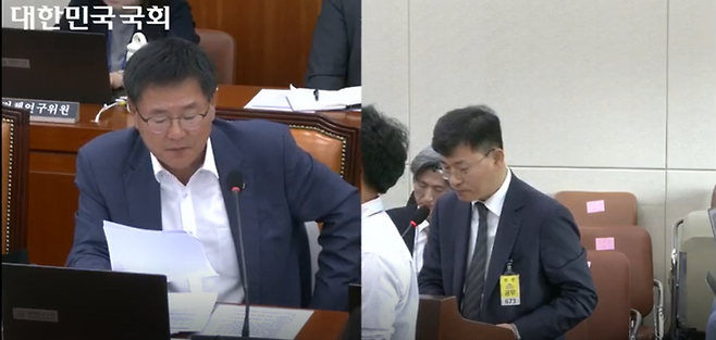 이헌승 국민의힘 의원(왼쪽)이 20일 서울 여의도 국회에서 열린 정무위원회 금융위원회 국정감사에서 박광 금융정보분석원(FIU) 원장(오른쪽)에게 질의하고 있다. 국회 인터넷의사중계시스템 캡처.