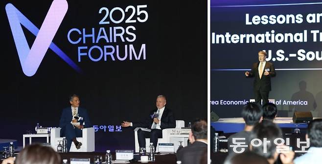 21일 서울 중구 웨스틴조선호텔에서열린 ‘2025 체어스 포럼’에서 토머스 크리스텐슨 미국 전략국제문제연구소(CSIS) 프리츠커 석좌·컬럼비아대 교수(왼쪽 사진 오른쪽)와 봉영식 연세대 객원교수가 대담을 나누고 있다. 오후 세션에선 스콧 스나이더 한미경제연구소(KEI) 소장(오른쪽 사진)의 미국 관세 정책에 관한 기조 강연이 이어졌다. 신원건 기자 laputa@donga.com