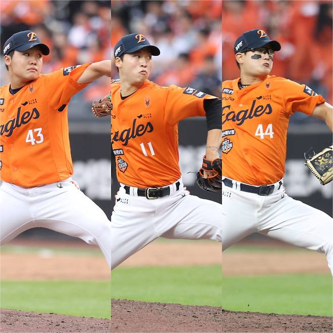 한화 이글스 한국시리즈 제패 도전 키플레이어 정우주, 엄상백, 김서현. 사진=한화 이글스