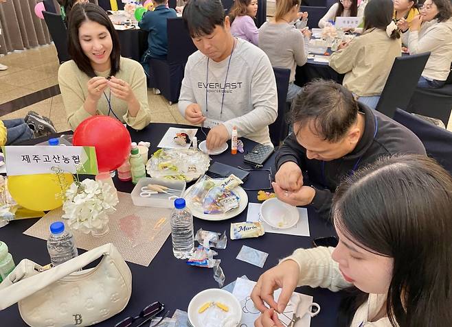 다문화가족과 지역 농가 관계자들이 ‘다문화가족 농촌정착지원과정’ 어울림마당에서 인형 가족 만들기 체험을 하고 있다. (제주농협 제공)