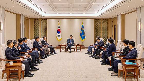 이재명 대통령이 지난 21일 서울 용산 대통령실 청사에서 국무위원들과 차담회를 하고 있다. 사진 대통령실