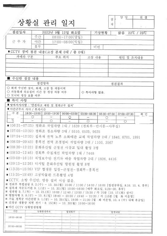 2023년 9월 12일 경복궁관리소 상황실 관리 일지  [국가유산청 궁능유적본부 제공. 재판매 및 DB 금지]