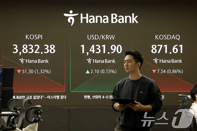 코스피가 하락 출발한 23일 오전 서울 중구 하나은행 본점 딜링룸 현황판에 코스피 지수가 전 거래일대비 51.30포인트(1.32%) 하락한 3,832.38에 거래되고 있다.  그러나 한국은행이 금리를 동결하자 상승 반전했다. 2025.10.23/뉴스1 ⓒ News1 이광호 기자