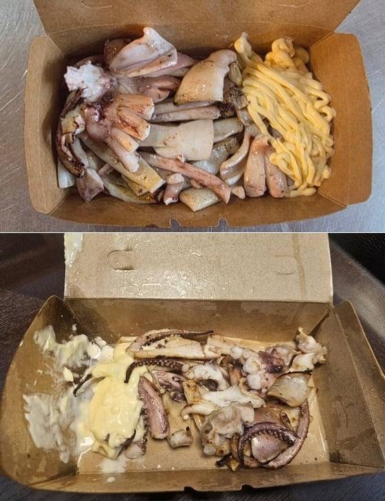 제주 서귀포 매일올레시장에서 실제 판매되는 철판오징어(위)와 커뮤니티에 게시된 철판오징어 사진(아래)./제주 서귀포 매일올레시장 상인회 제공, 온라인 커뮤니티 캡처