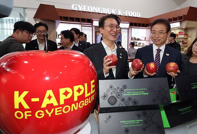 김민석 국무총리와 이철우 경북도지사가 23일 경상북도 경주시 엑스포공원에 마련된 APEC 정상회의 경제 전시장을 방문, 경북산업관을 둘러보고 있다. /연합뉴스