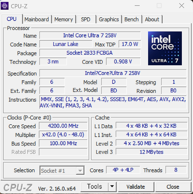 CPU-Z 앱으로 보는 HP 옴니북 X 플립 14 CPU 사양. 사진=구자윤 기자