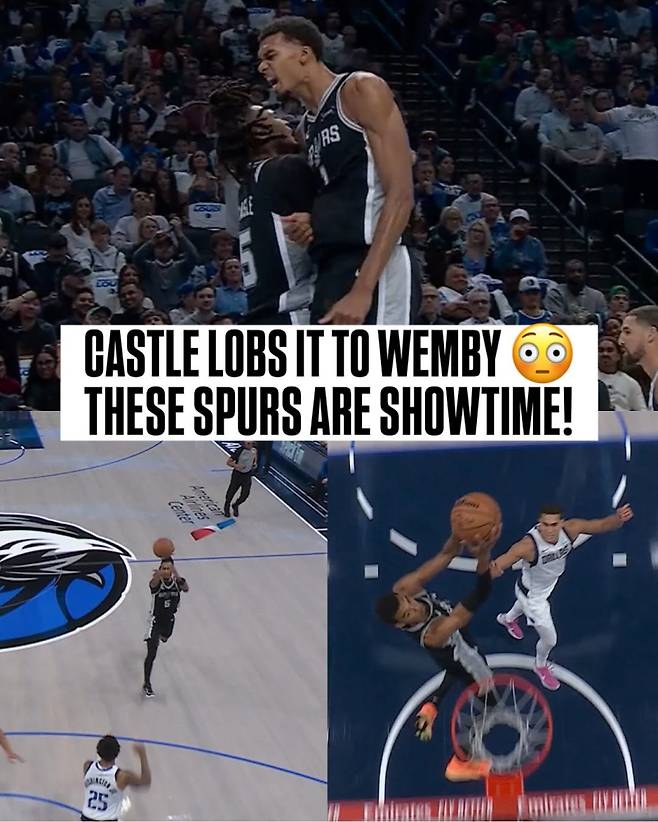 23일 댈러스와의 NBA 정규리그 경기 중 앨리웁 플레이를 합작한 뒤 환호하는 샌안토니오 캐슬과 웸반야마(위). 사진=NBA