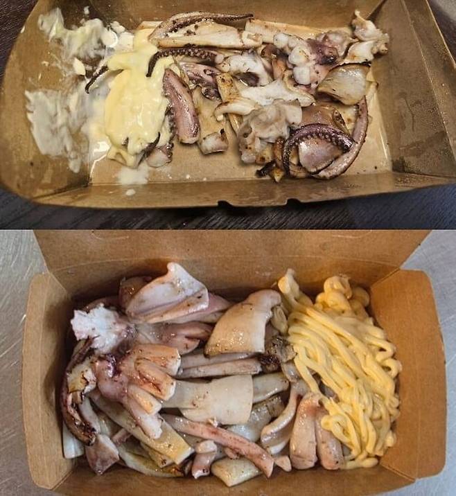 커뮤니티에 올라온 철판오징어(위)와 상인회가 제공한 실제 판매되는 철판오징어 사진