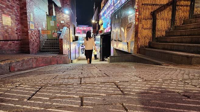 24일 이태원 참사가 발생했던 서울 용산구 해밀톤호텔 옆 ‘10·29 기억과 안전의 길’에 손가락 반 마디 깊이의 사선이 그어졌다. 세계음식거리 일대 경사진 모든 골목에도 같은 조처가 이뤄졌다. 장종우 기자