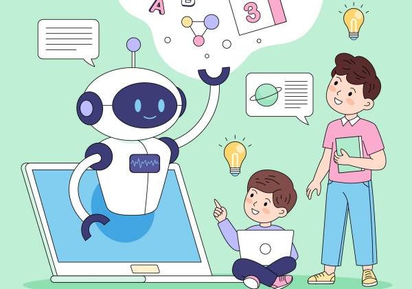 ▲노트북 내지 태블릿으로 보이는 기기 화면에서 로봇 캐릭터가 여러 정보를 알려주는 모습을 두 명의 어린이와 성인이 바라보고 있는 모습을 그린 일러스트. 사진=Getty Images Bank