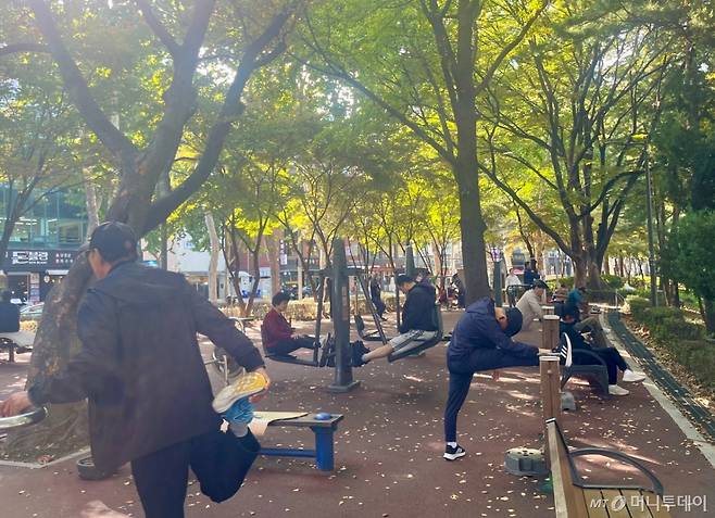 지난 23일 오전 송파구 송파나루공원에 조성된 어르신 놀이터에서 이용객들이 스트레칭과 하체 근력 운동을 하고 있다. /사진=이정우 기자.