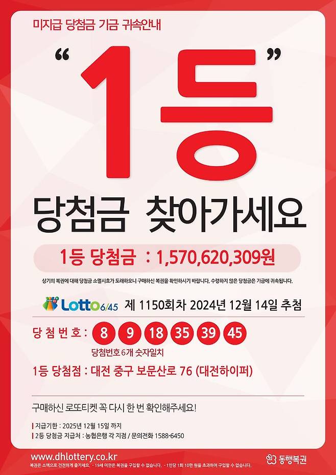 [세종=뉴시스]제1150회차 미수령 1등 당첨금 안내 포스터. *재판매 및 DB 금지