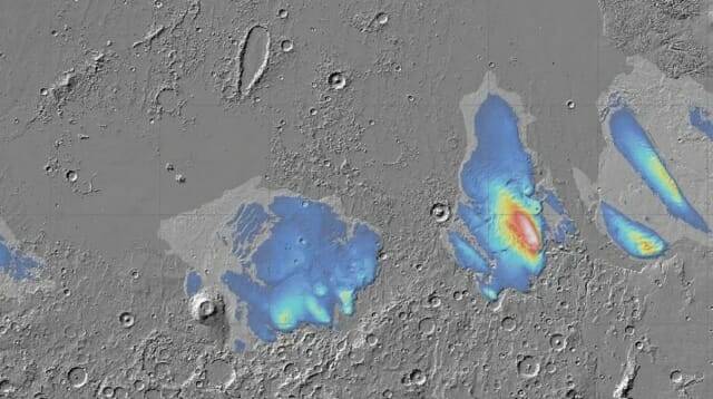 유럽우주국(ESA)의 마스 익스프레스 우주선이 촬영한 화성 적도의 물 얼음 (출처=행성과학연구소/스미소니언 연구소)
