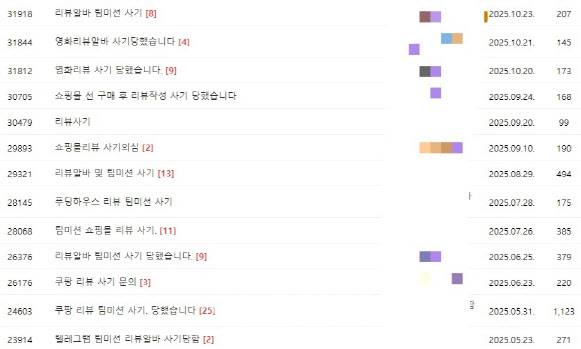 24일 사기 피해 사례를 공유하는 온라인 커뮤니티에 ‘리뷰 알바 사기’를 당했다는 글이 다수 게재돼 있다. (사진=온라인 커뮤니티 갈무리)