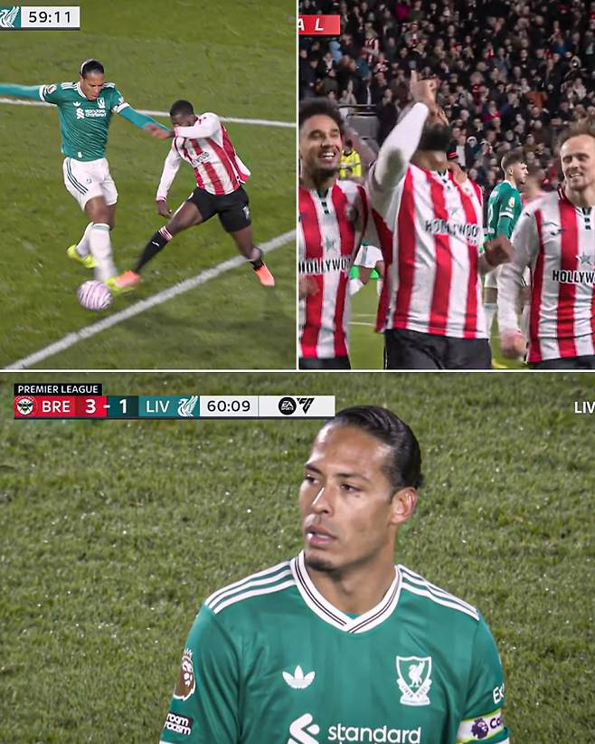 리버풀 수비수 반 다이크가 26일 브렌트퍼드와의 EPL 9라운드 홈경기 중 PK를 내주고 실점에 관여한 뒤 아쉬워하고 있다. 사진=ESPN SNS