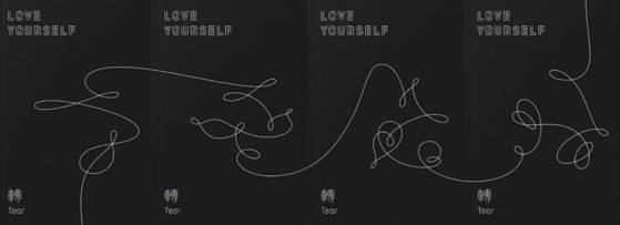 Four different album covers of BTS's "Love Yourself: Tear" (2018) put together to form a complete artwork [SCREEN CAPTURE]