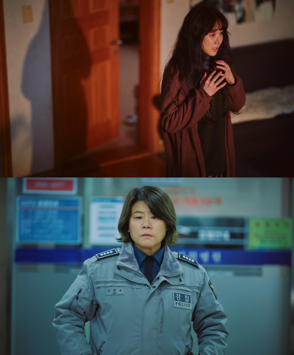 배우 정려원(위쪽)과 이정은이 연기 호흡을 맞춘 영화 '하얀 차를 탄 여자'가 오는 29일 개봉한다. /㈜바이포엠스튜디오