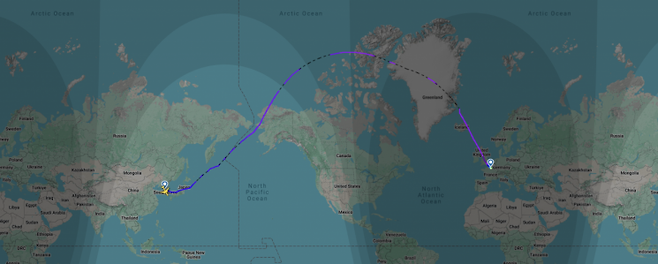 북극항로를 이용한 에어프랑스 AF267편. 플레이트레이더24