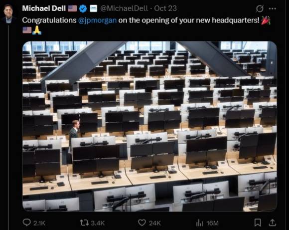 마이클 델 델 회장은 자신의 엑스 계정에 "JP모건 새 본사 오픈을 축하한다"며 사무실 사진을 올렸다. [사진=마이클 델 엑스 캡처] [사진=엑스 캡처]