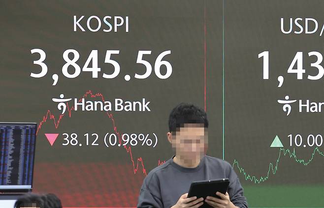 10월23일 서울 중구 하나은행 딜링룸 현황판에 표시된 코스피 지수. 사상 처음으로 3800선을 돌파했다. ⓒ연합뉴스