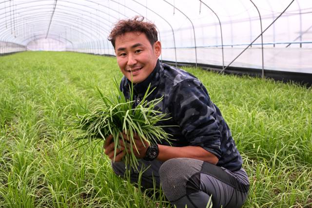 고성군에서 부추 농사를 짓는 오태흥(44)씨가 자신이 재배한 부추를 들어 보이며 환하게 웃고 있다./전강용 기자/