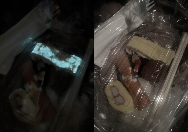 태국의 한 초밥매장에서 구매한 초밥이 어둠 속에서 파란빛을 내는 모습이 포착돼 논란이다. 페이스북