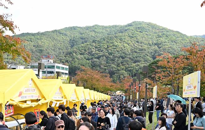 지난 25일부터 26일까지 열린 ‘2025 김천김밥축제’ 현장에 가족 단위 관광객들이 몰리며 곳곳이 인산인해를 이뤘다./사진제공=김천시