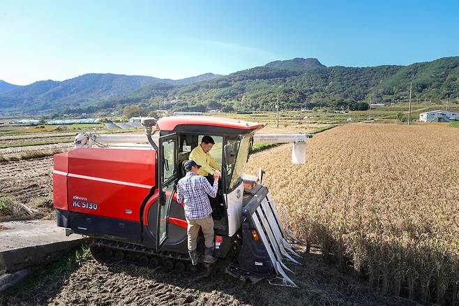 이상근 고성군수가 연동 친환경 벼 재배단지를 방문해 수확 현장을 점검하고 있다.&nbsp;ⓒ고성군 제공