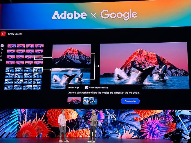 어도비는 28일(현지시각) 미국 로스앤젤레스(LA) 피코크센터에서 열린 어도비의 연례 크리에이티브 행사 ‘어도비 맥스(MAX)’에서 구글과의 파트너십을 발표했다./로스앤젤레스=이재은 기자