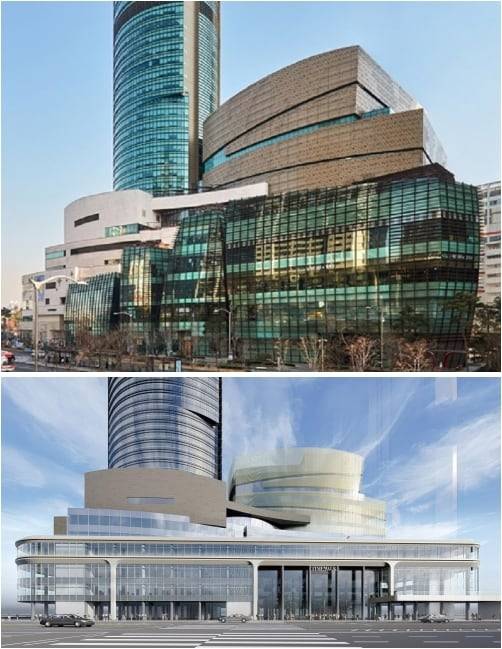 현대백화점이 입점해 있던 시기 신도림 디큐브시티 전경(위쪽)과 이지스자산운용이 제시한 리모델링 후 신도림 디큐브시티 조감도. /현대백화점 이지스자산운용 제공