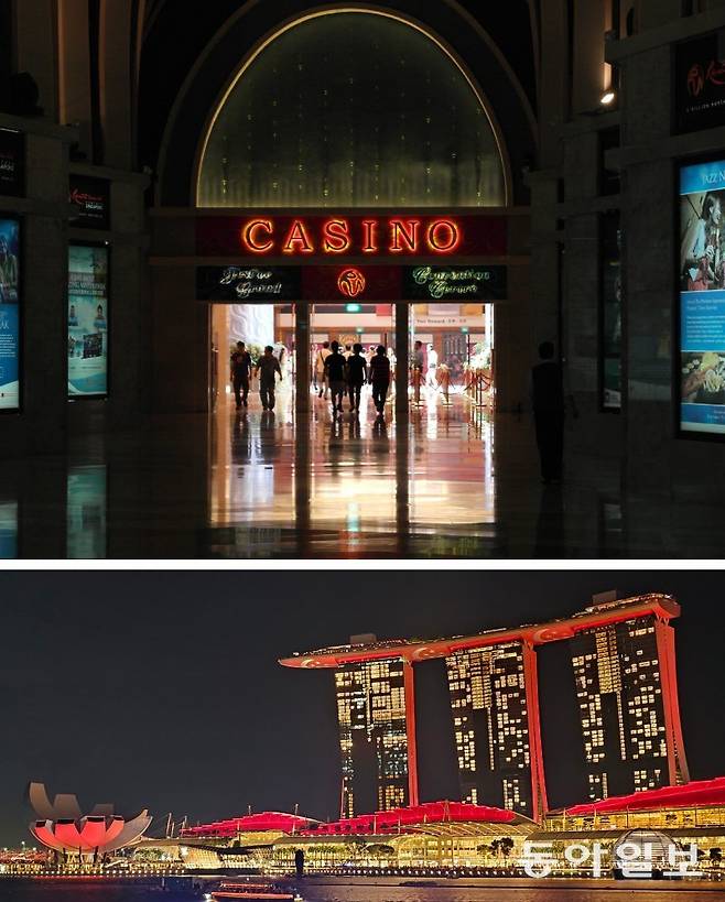 싱가포르의 대표 카지노인 리조트월드센토사 카지노 입구. 아래쪽 사진은 싱가포르의 대표 호텔이자 카지노가 있는 마리나베이샌즈의 야경. 동아일보DB
