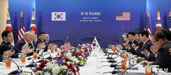 이재명 대통령과 도널드 트럼프 미국 대통령이 29일 경북 경주박물관에서 한미 정상회담을 하고 있다. 2025.10.29. 송은석 기자 silverstone@donga.com