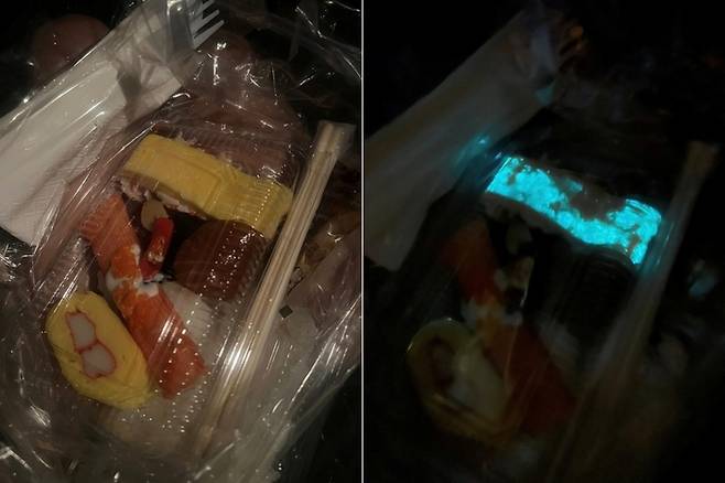 태국의 한 유명 체인에서 판매한 계란 초밥에서 빛이 나고 있다. 사진=페이스북(Mind Burusskorn) 캡처