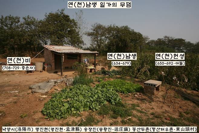 중국 낙양시  북망산 인근의 들판에 방치된 천(연)남생 일가의 무덤.  남생의 증손자인 비와 남생, 그리고 남생의 아들 헌성의 묘가 있다. 1920년대에 이 근처에서 ‘천남생의 일가’의 묘지석이 발견됐지만 정확한 무덤의 위치는 2005년이 돼서야 확인됐다. |이오봉 사진작가 제공