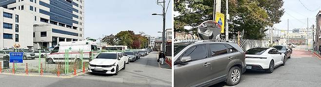 30일 광주 동구의 ‘관용 차량’ 전용 주차장 인근에 불법 주정차 차량이 줄줄이 세워져 있다(왼쪽). 불법 주정차는 서석초등학교 후문(어린이보호구역)으로 향하는 백서로 189번길까지 이어진다./윤찬웅 수습기자