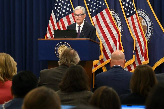 제롬 파월 미국 연방준비제도(Fed) 의장이 2025년 9월 17일 워싱턴 D.C. 연방공개시장위원회(FOMC) 회의 후 연방준비제도 본부에서 기자회견을 하고 있다. /연합뉴스