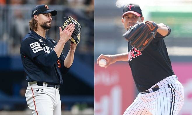 2025 KBO리그 한국시리즈 4차전에 선발 등판하는 한화 이글스 라이언 와이스(왼쪽)와 엘지 트윈스 요니 치리노스. 한화 이글스, 엘지 트윈스 제공