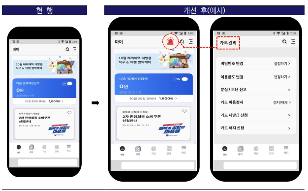 카드 애플리케이션 개선 내용. 금융감독원 제공