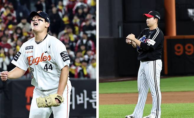 희비 지난 29일 대전에서 열린 한국시리즈 3차전에서 LG와 한화의 마무리 투수 희비가 엇갈렸다. LG 유영찬(오른쪽 사진)은 8회말 블론세이브에 역전까지 허용한 반면, 한화 김서현은 9회 7-3 팀 승리를 지켜냈다. 연합뉴스