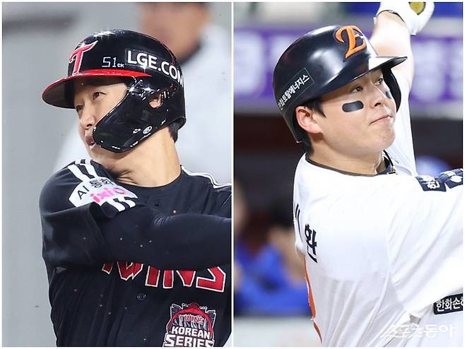 LG 구본혁(왼쪽)과 한화 노시환의 핫코너 대결이 뜨겁다. 양 팀의 수비 강화를 위해선 둘의 역할이 중요하다. 사진제공｜LG 트윈스·한화 이글스